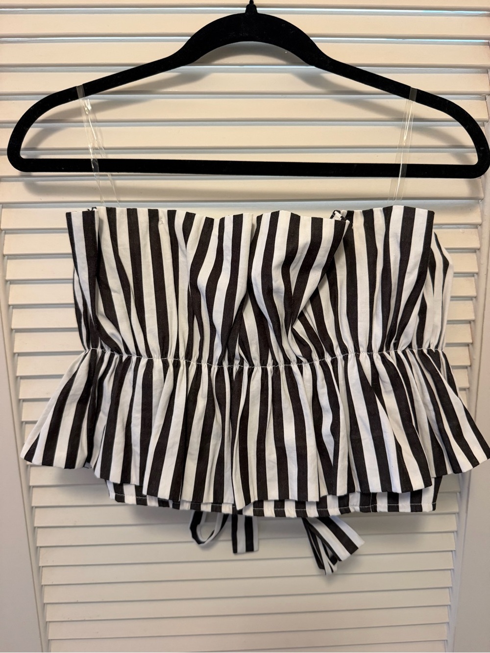 Striped Black & White Strapless Top With Tie Back